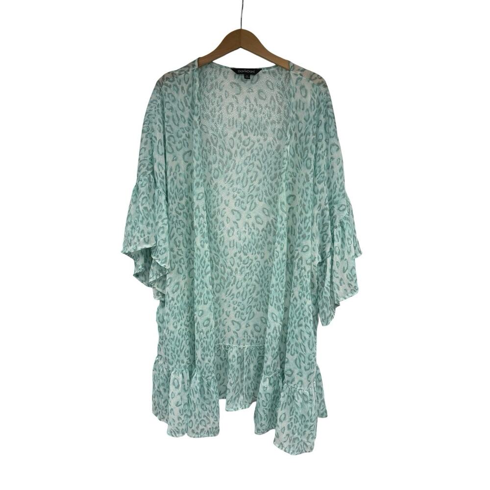 Davi & Dani Blue Green Leopard Sheer Chiffon Leopard Print Ruffle Kimono 2XL